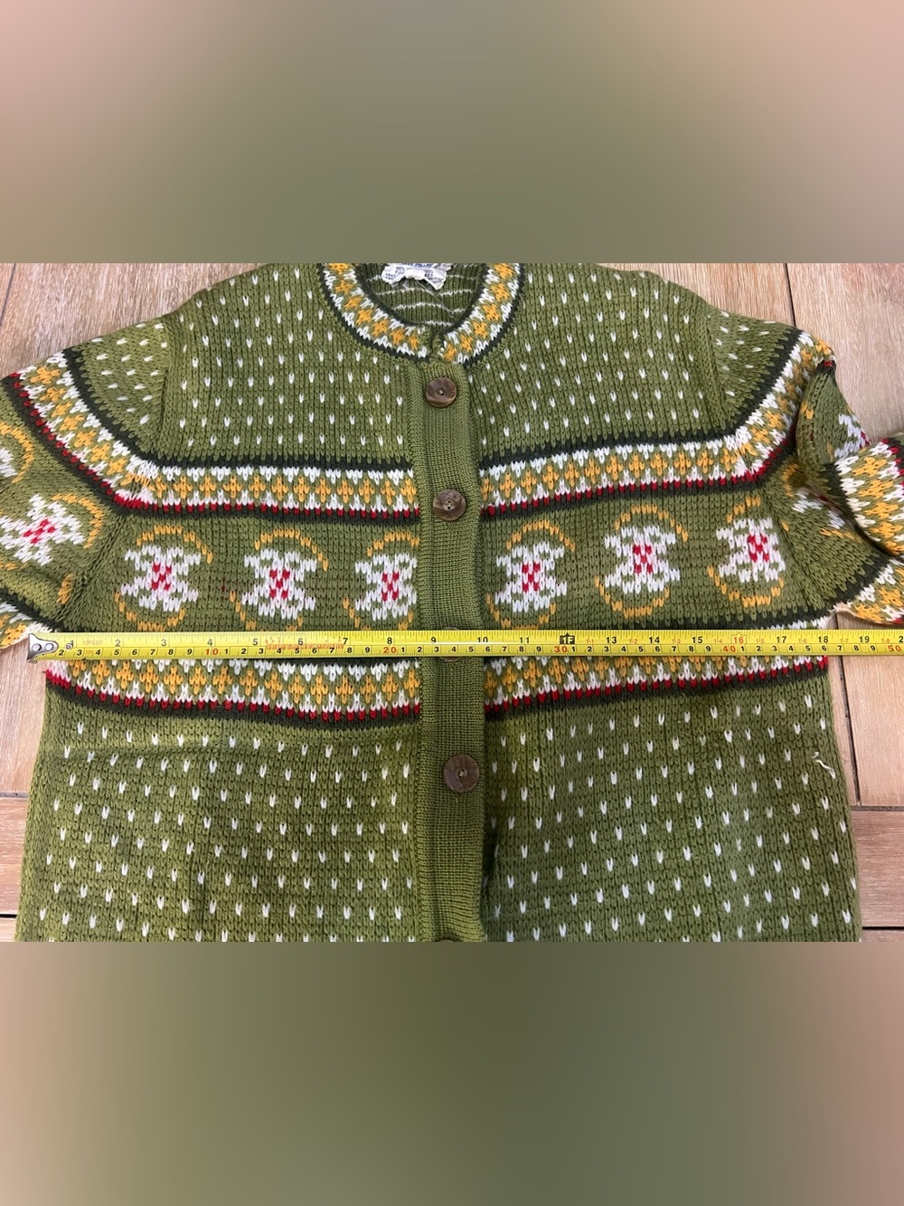 Tally Ho Olive Green Knit Cardigan with Fair Isle Accents - Picture 3 of 5